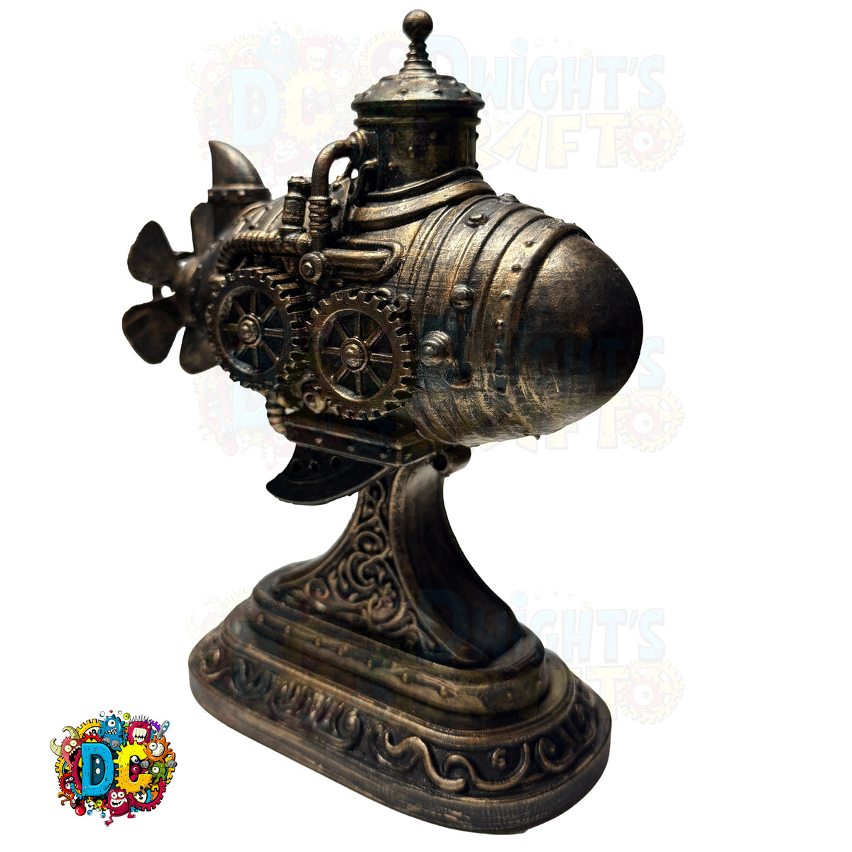 Decorative steampunk-style engine sculpture on a white background