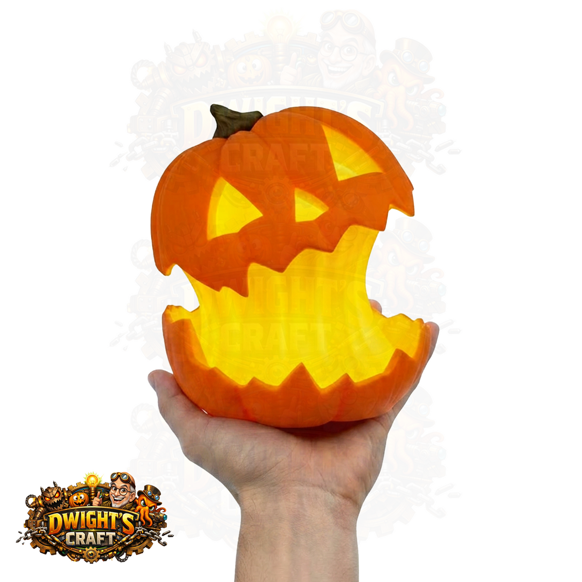 A hand holds a glowing orange jack-o'-lantern pumpkin with a carved spooky face and a large open mouth, emitting warm yellow light. A faint 'Dwight's Craft' logo watermark appears behind the pumpkin.