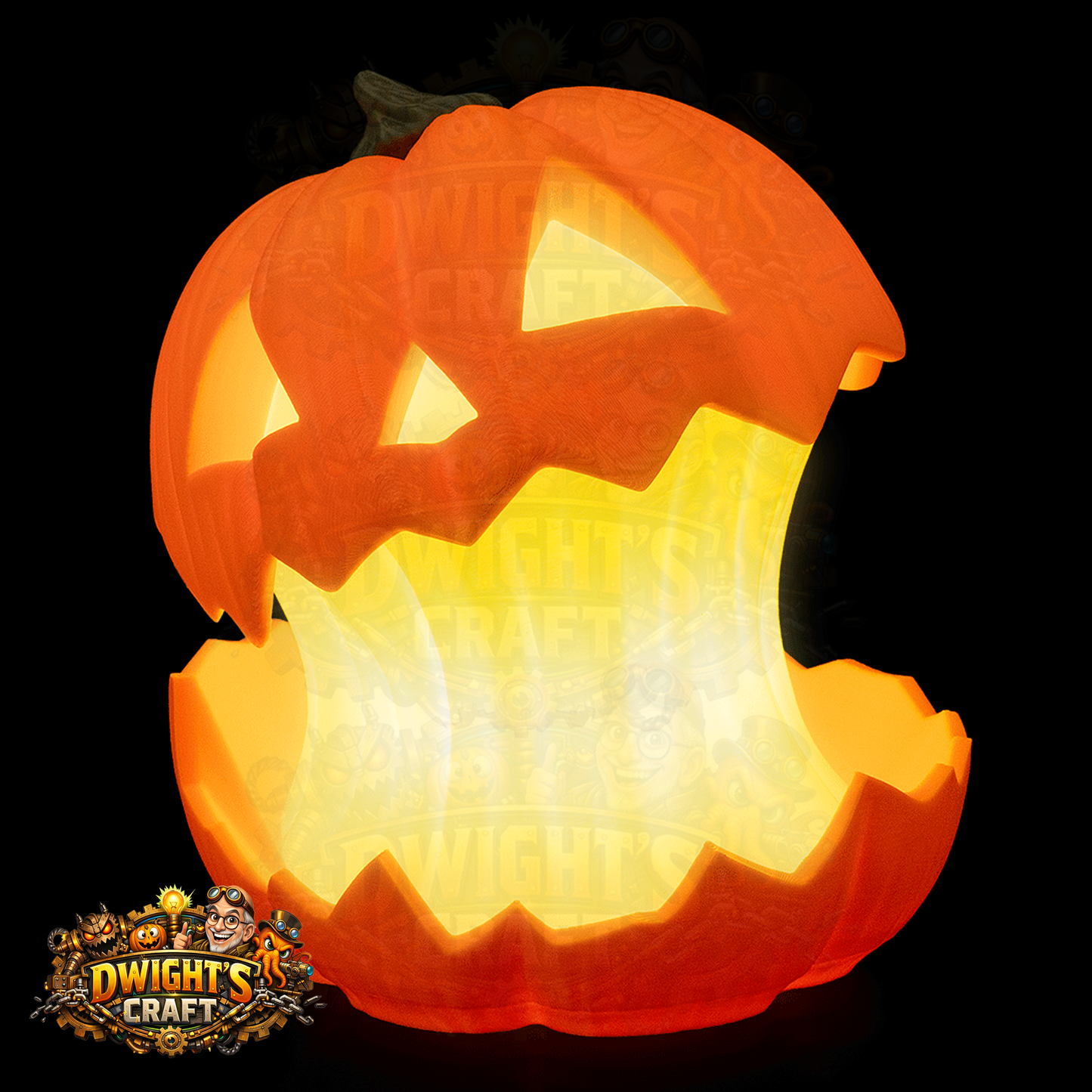 A carved jack-o'-lantern pumpkin with a glowing yellow interior, shown against a black background. A 'Dwight's Craft' logo is visible in the bottom-left corner.