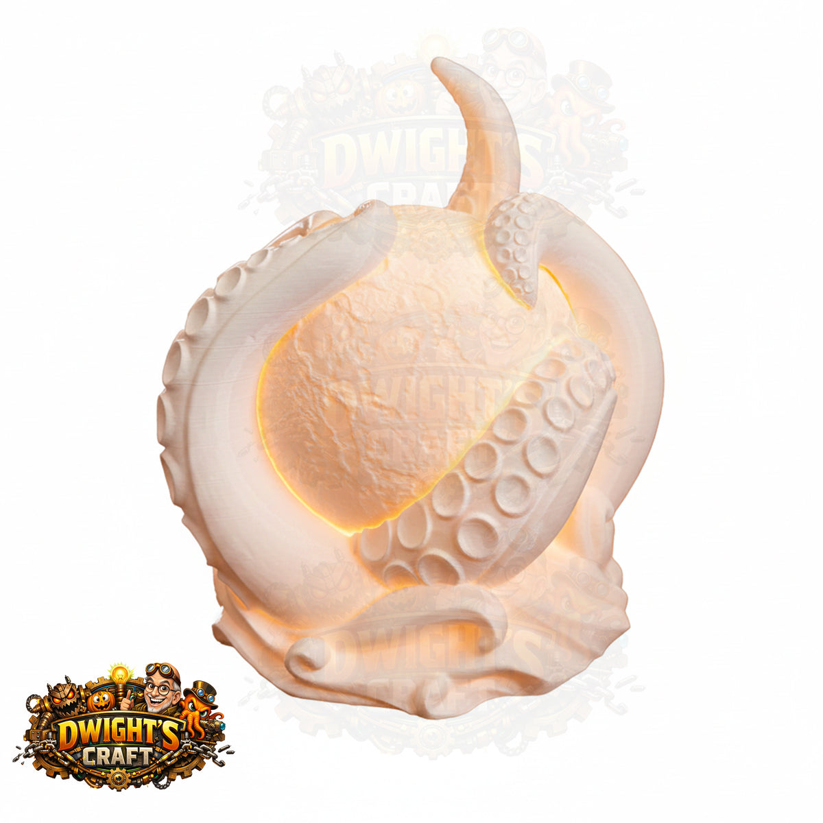 A fantasy octopus-shaped lamp glowing with warm light, featuring textured tentacles and suction cups, shown on a white background with a 'Dwight's Craft' logo in the lower-left corner.