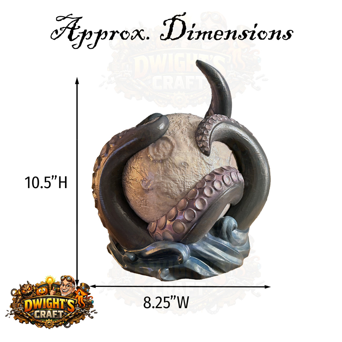 A dimension diagram showing a fantasy octopus tentacle sculpture with overlaid arrows and text reading 10.5"H, 8.