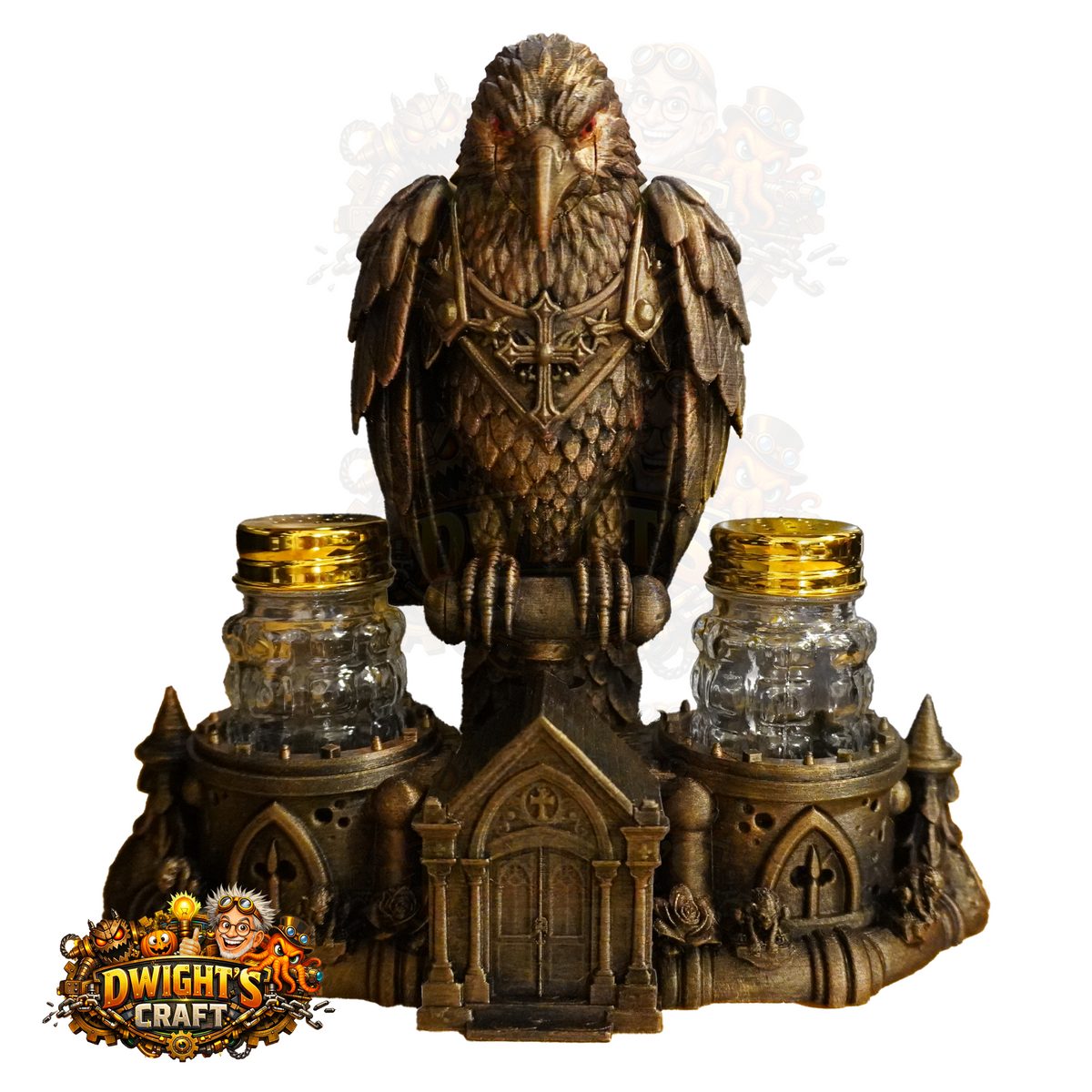 Gothic Raven Mausoleum Salt & Pepper Shaker Set – Hand-Painted Faux Bronze