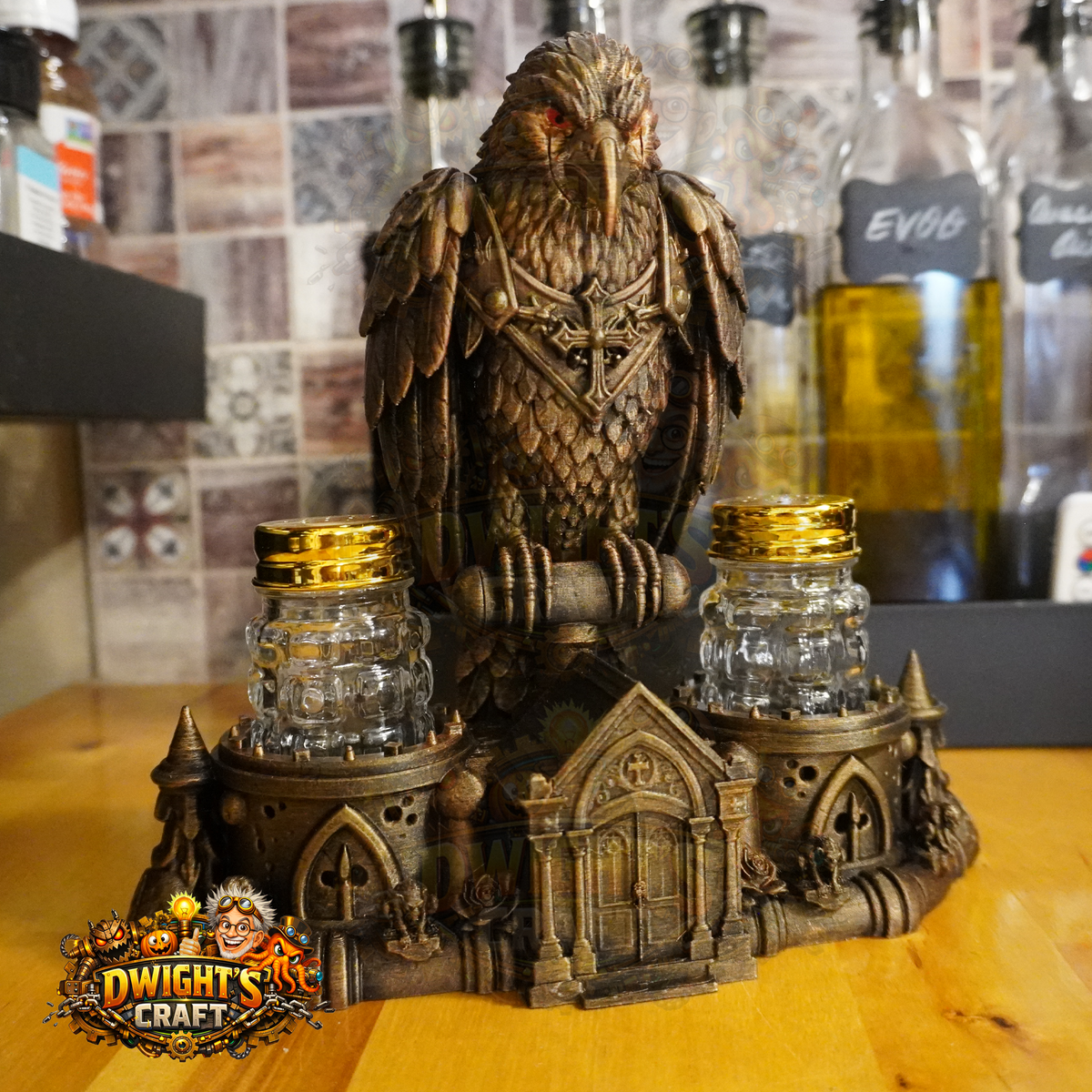 Gothic Raven Mausoleum Salt & Pepper Shaker Set – Hand-Painted Faux Bronze
