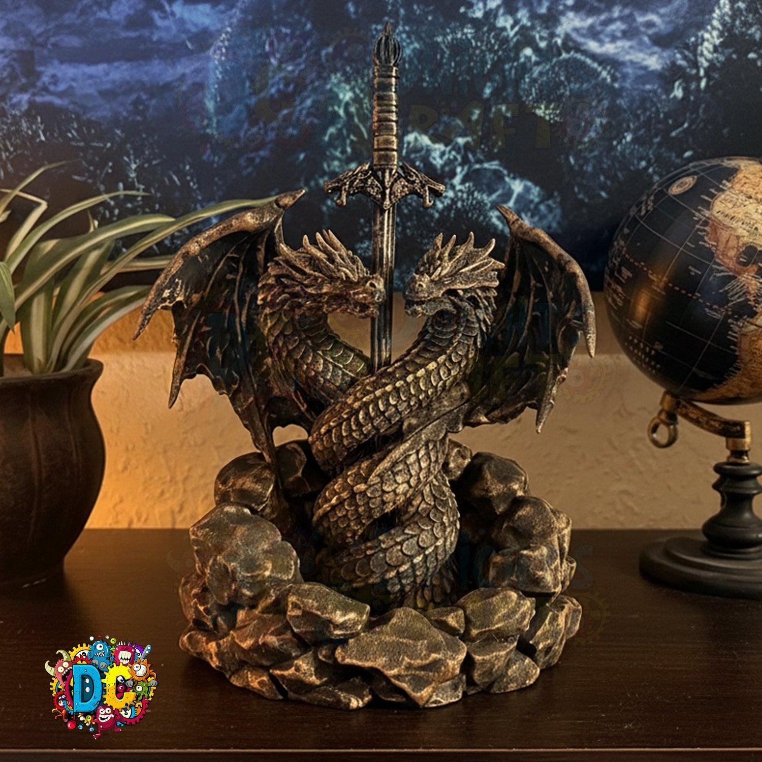 Dragon statue with a sword on a rocky base in front of a world map