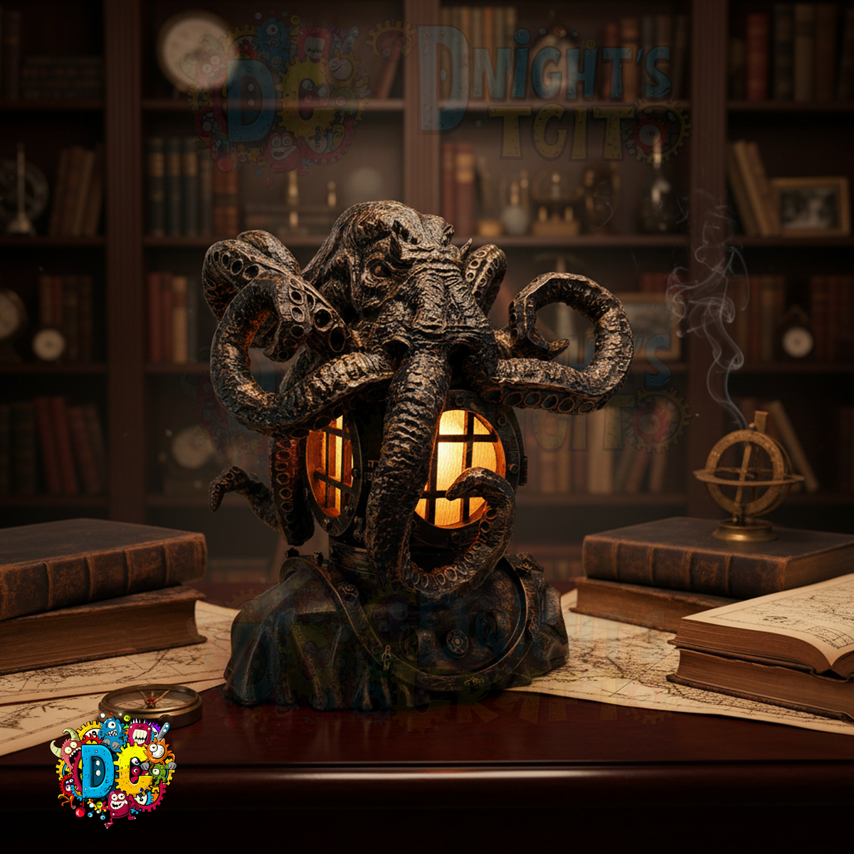 A bronze-colored Cthulhu-themed lamp with intricate details. The lamp features a tentacled creature design with a glowing light source inside. The lamp is set on a wooden surface, evoking a vintage aesthetic.