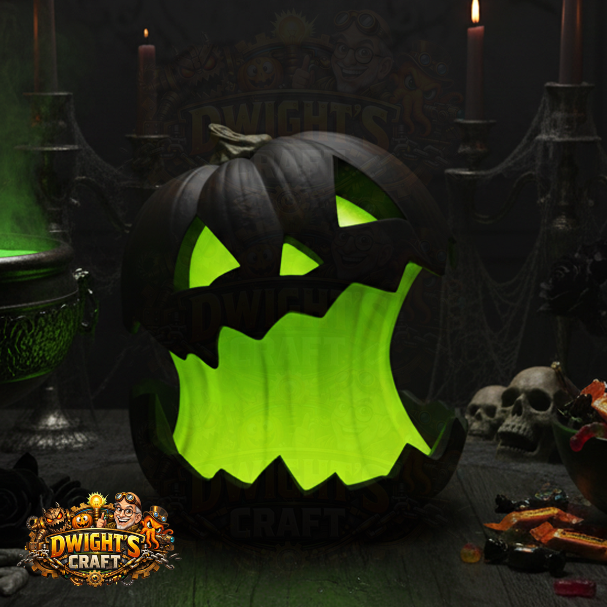 A carved Halloween jack-o'-lantern lantern with a dark charcoal-black exterior and a bright neon green glowing interior, set on a dark tabletop with candles, skulls, and spooky decor in the background.