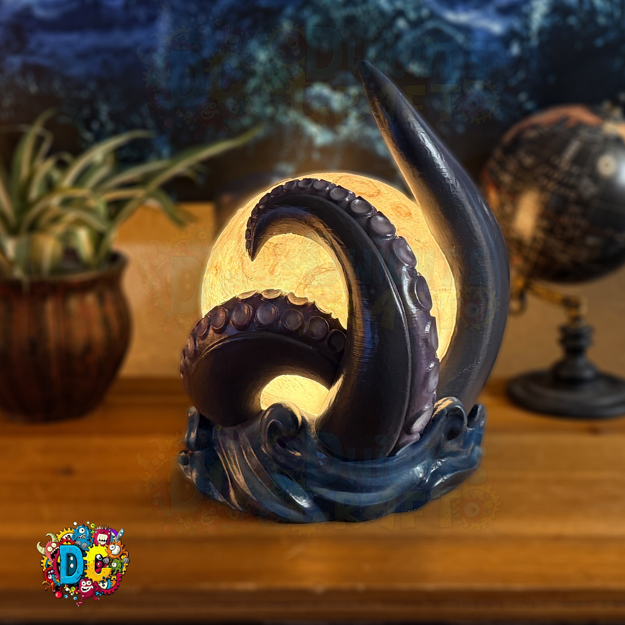 Decorative lamp with octopus design on a wooden surface