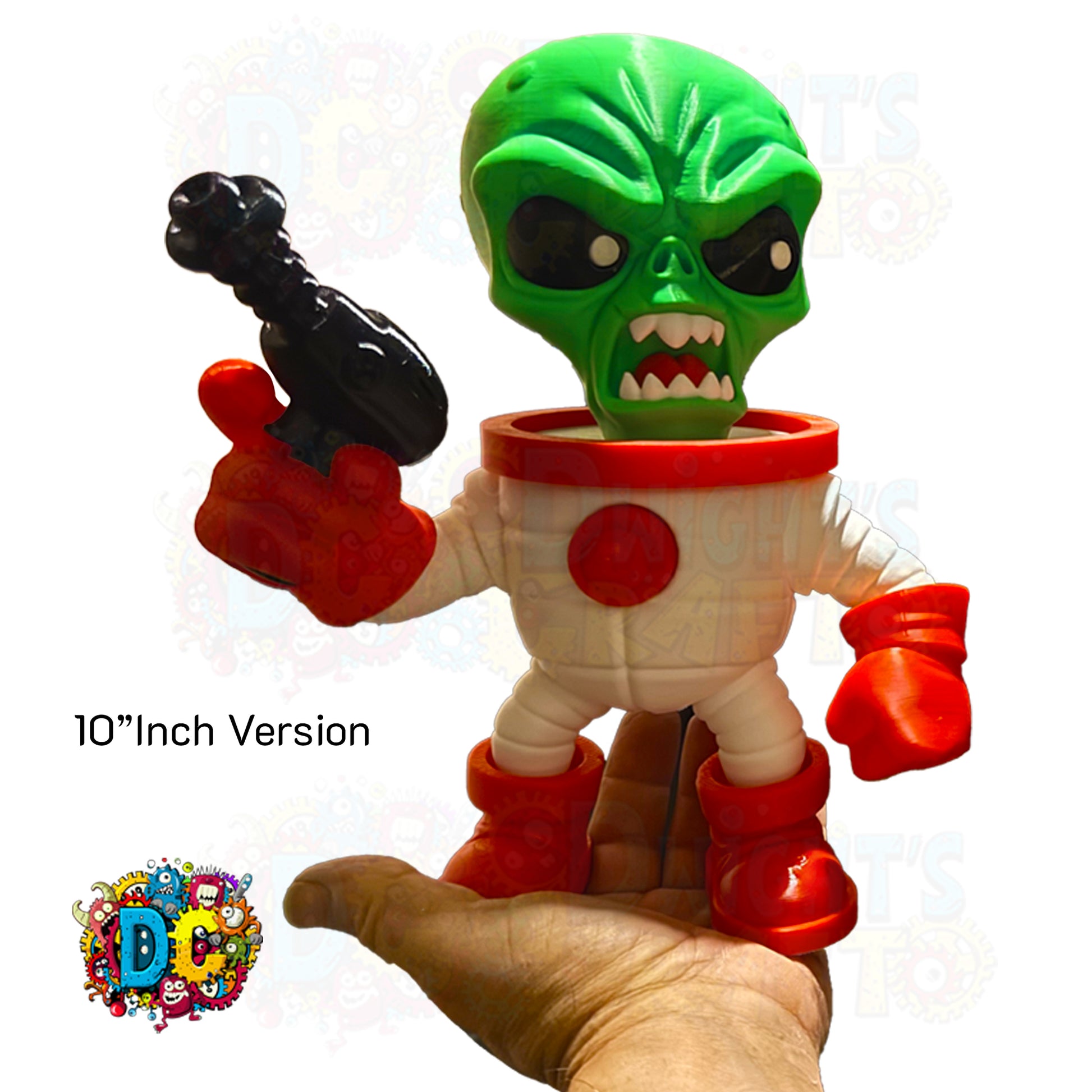 Toy figure of an alien holding a black object, with '10" Inch Version' text and a colorful logo at the bottom.