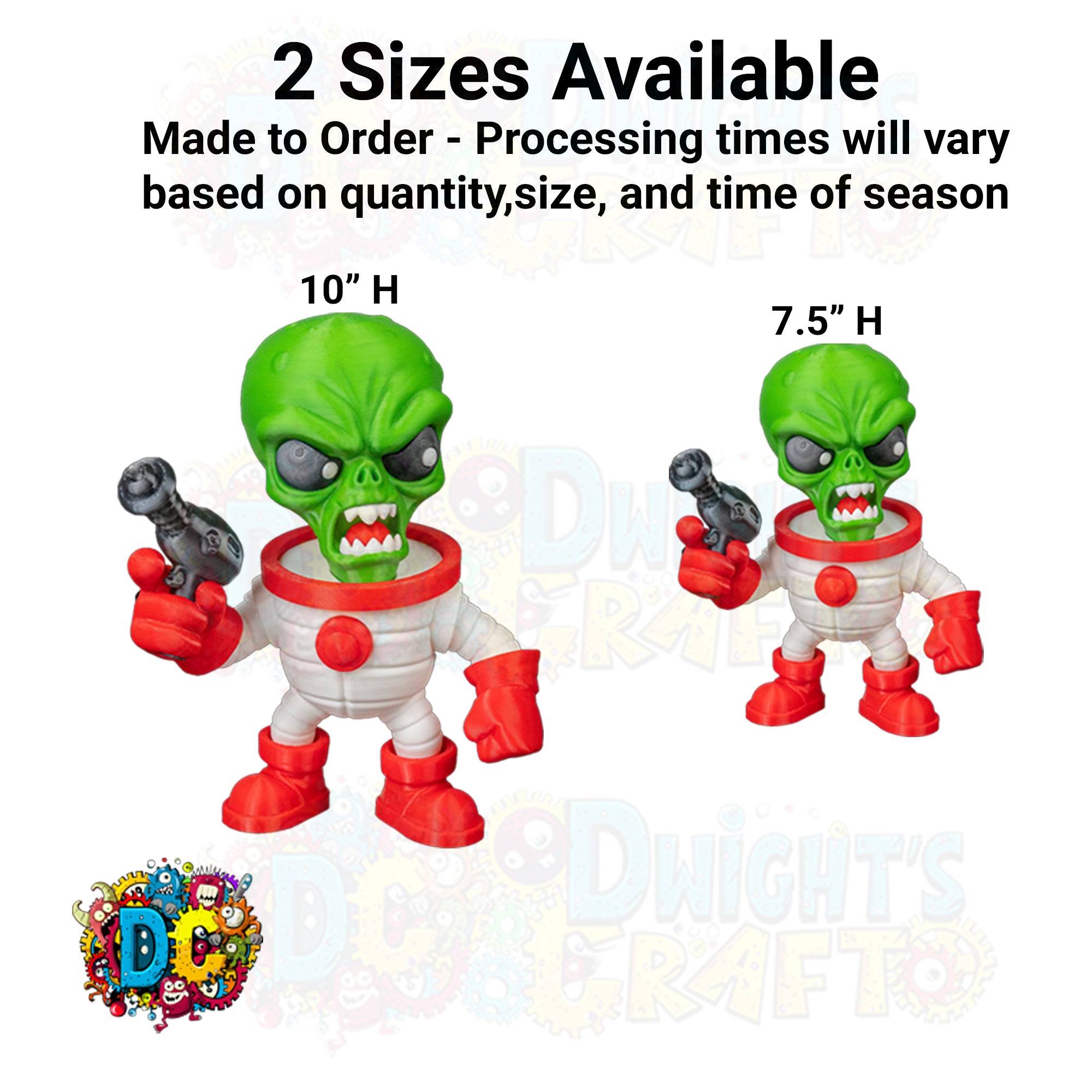 Two green alien figures with red boots and white suits, one 10"H and one 7.5"H, on a white background