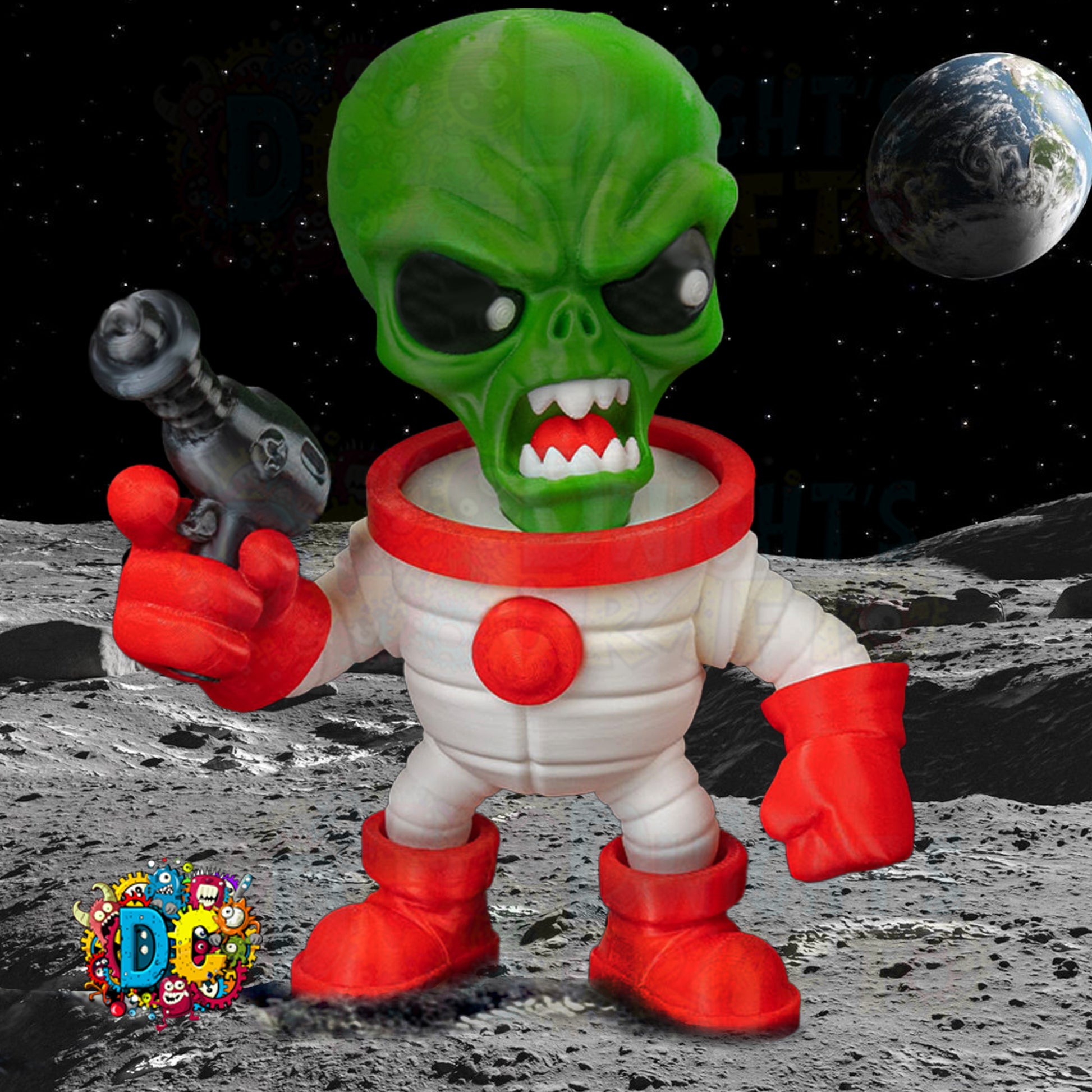 Toy figure of a green alien in a red and white suit on a moon surface with Earth in the background.