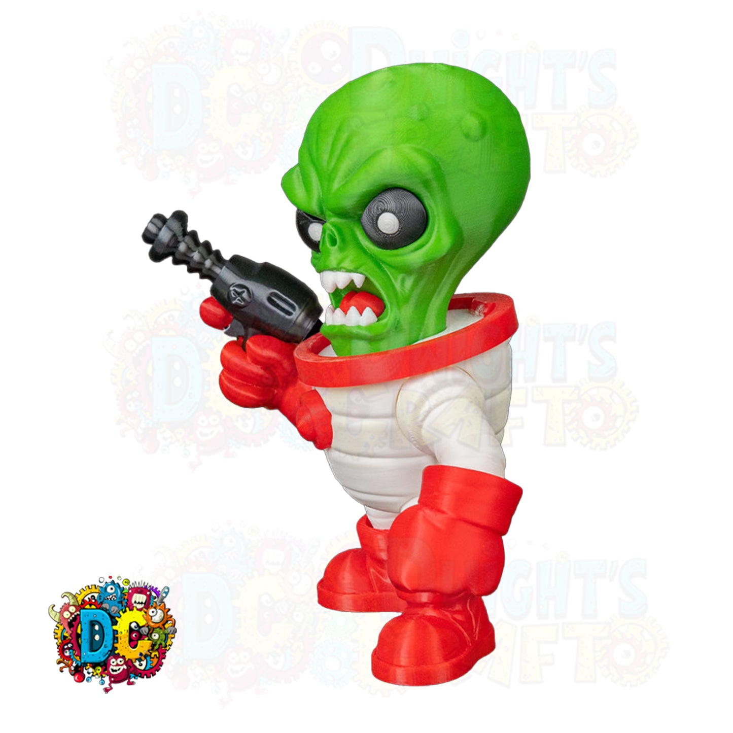 Toy figure of a green alien in a white suit with red boots holding a black toy laser on a white background.
