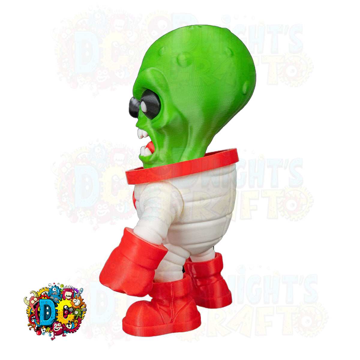 Toy figure of a green alien with a white suit and red boots on a white background, featuring the DC Comics logo.