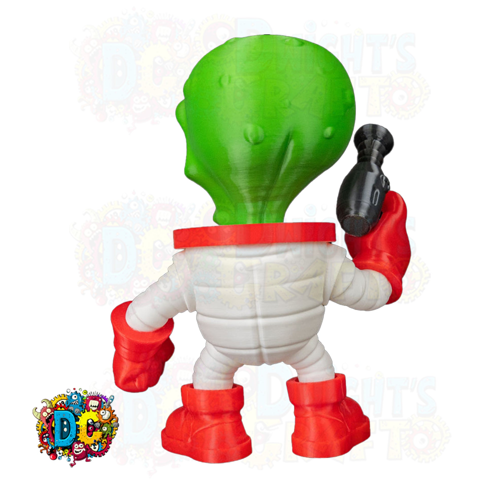 Toy figure with green head, white body, and red arms and legs on a white background