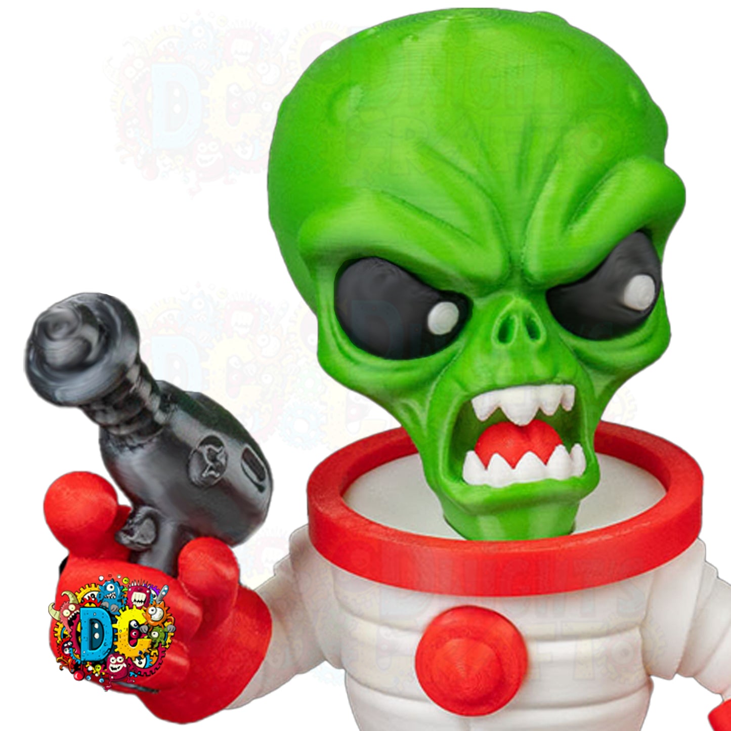 Toy figure of a green alien in an astronaut suit holding a toy laser with colorful design.