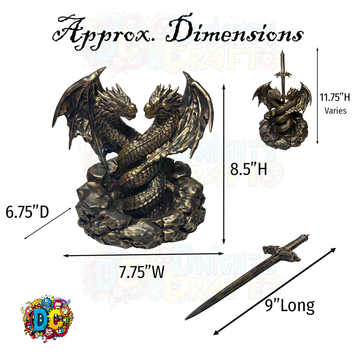 Faux Bronze dragon sculpture with dimensions labeled on a white background