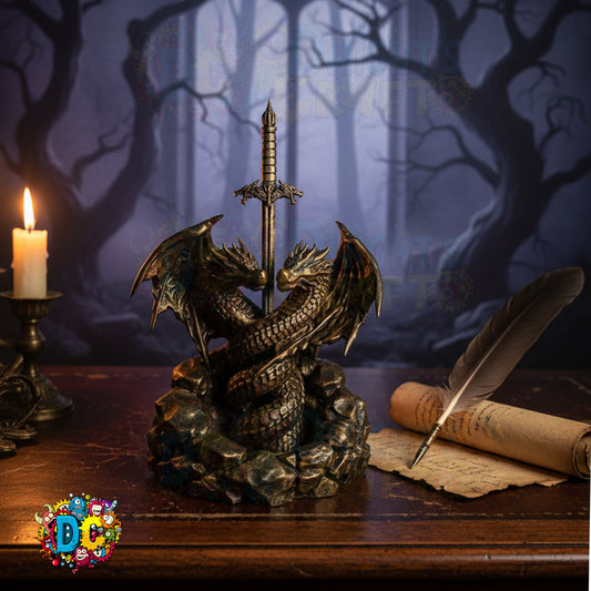 Faux Bronze dragon sculpture with a sword on a wooden table with a candle and scroll in a mystical forest setting.