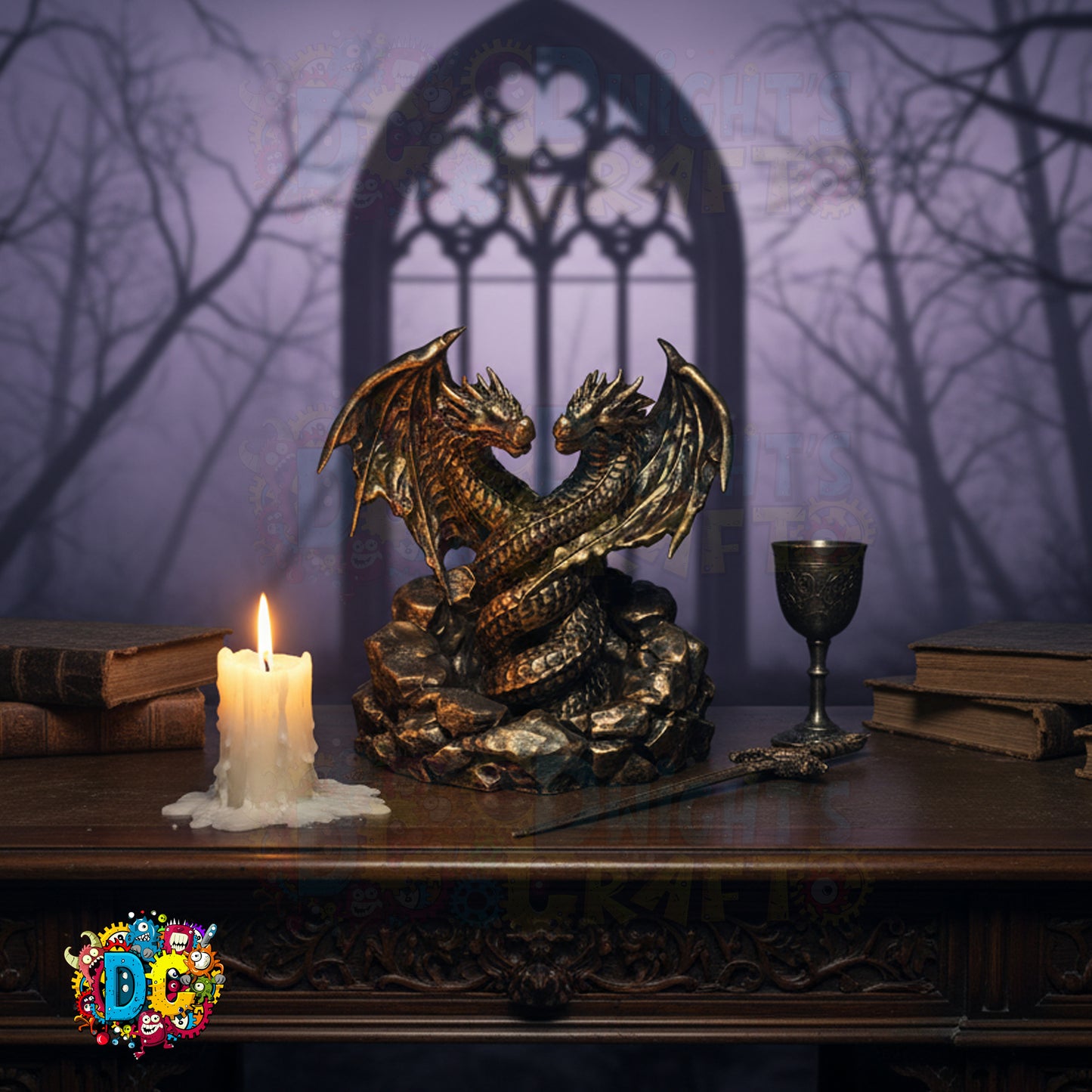 Decorative dragon statue on a table with a candle and books in a mystical setting.