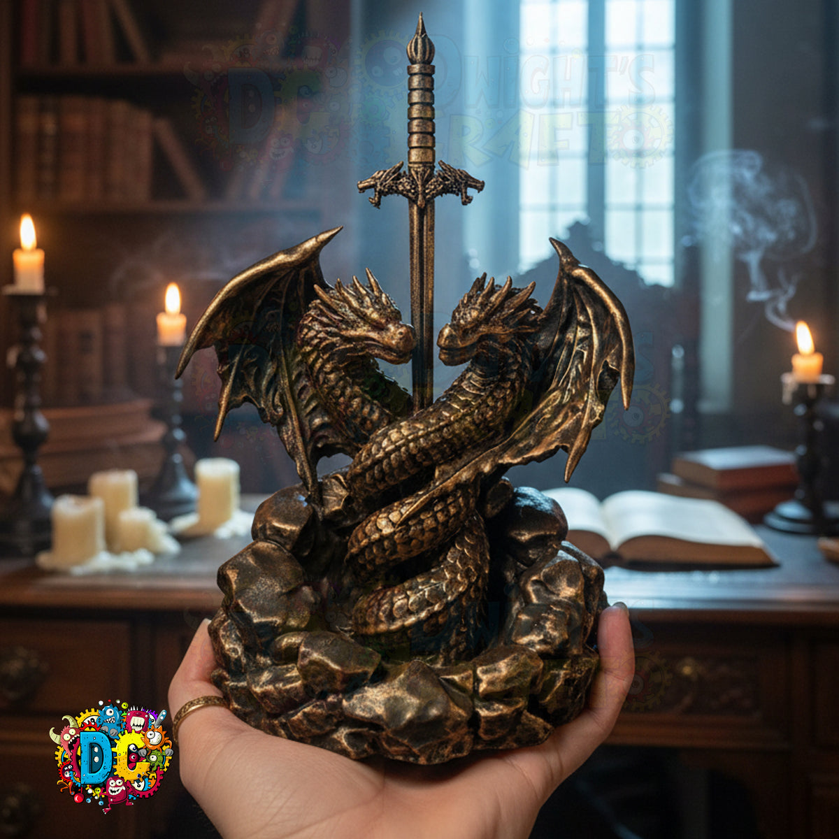 Faux Bronze dragon sculpture with a sword in a mystical setting with candles and books.