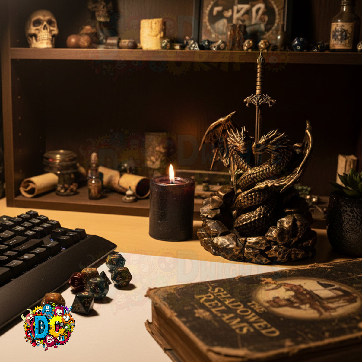 Decorative setup with a dragon sculpture, candle, and fantasy-themed books on a table.
