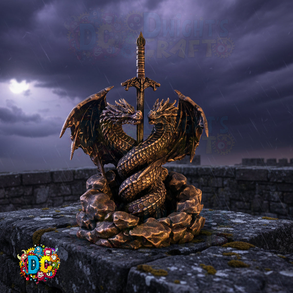 Faux Bronze dragon sculpture with a sword on stone wall under a dark sky