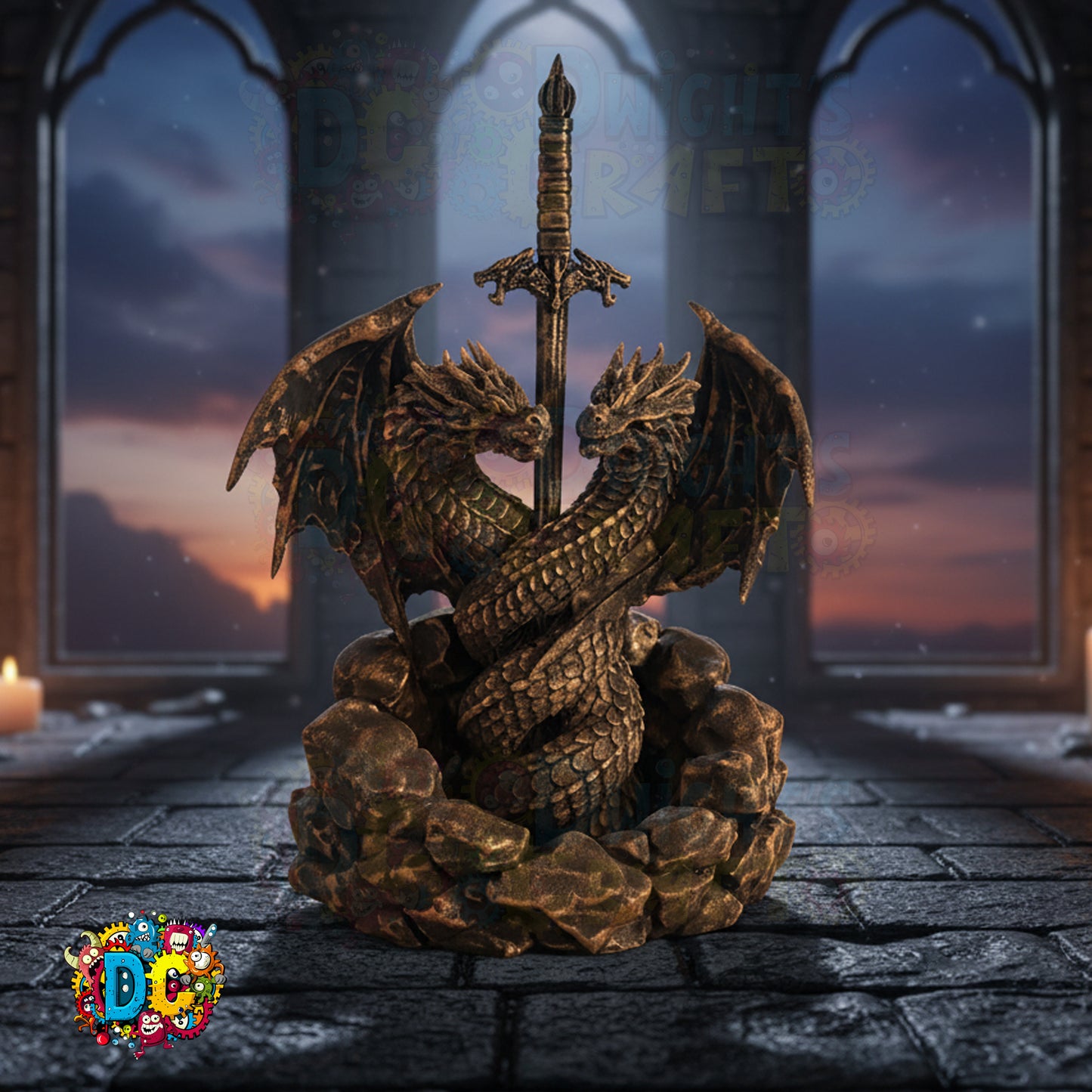 Faux Bronze dragon sculpture with a sword on stone steps in a gothic setting