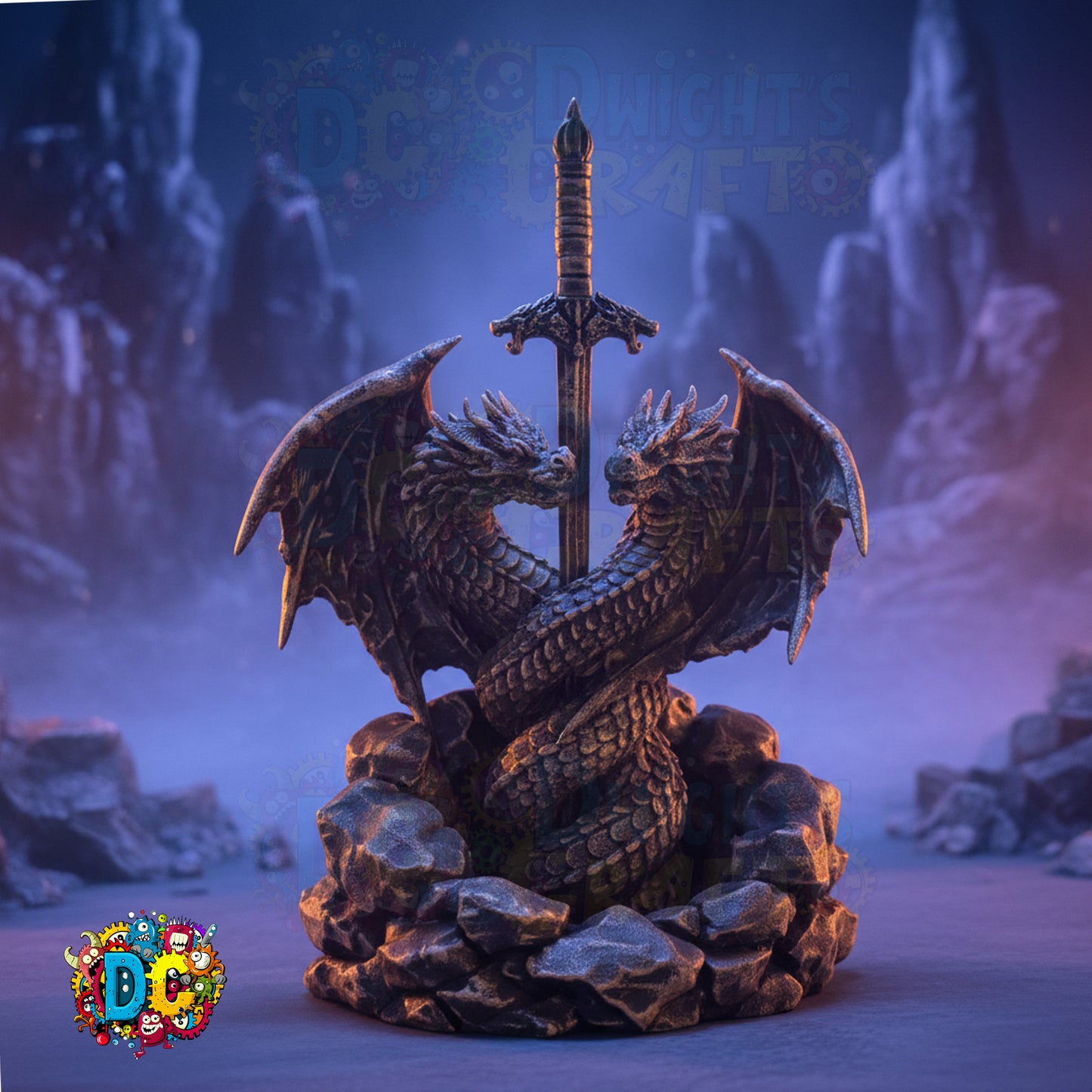 Dragon sculpture with a sword on rocky base against a mystical background