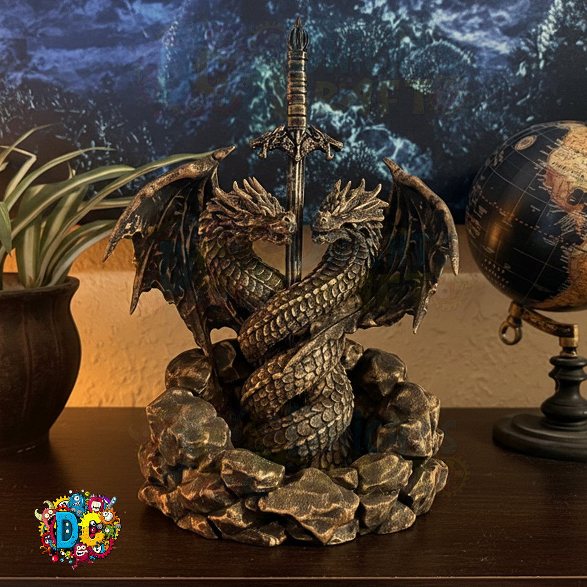 Dragon statue with a sword on a rocky base in front of a world map
