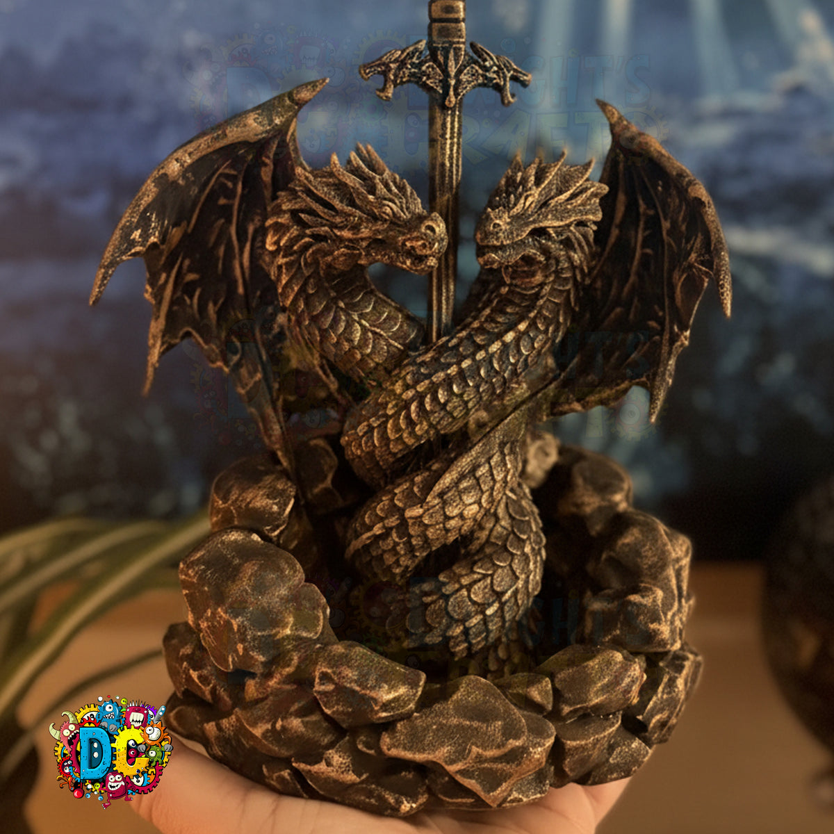 Faux Bronze dragon sculpture with a sword through its chest against a blurred natural background