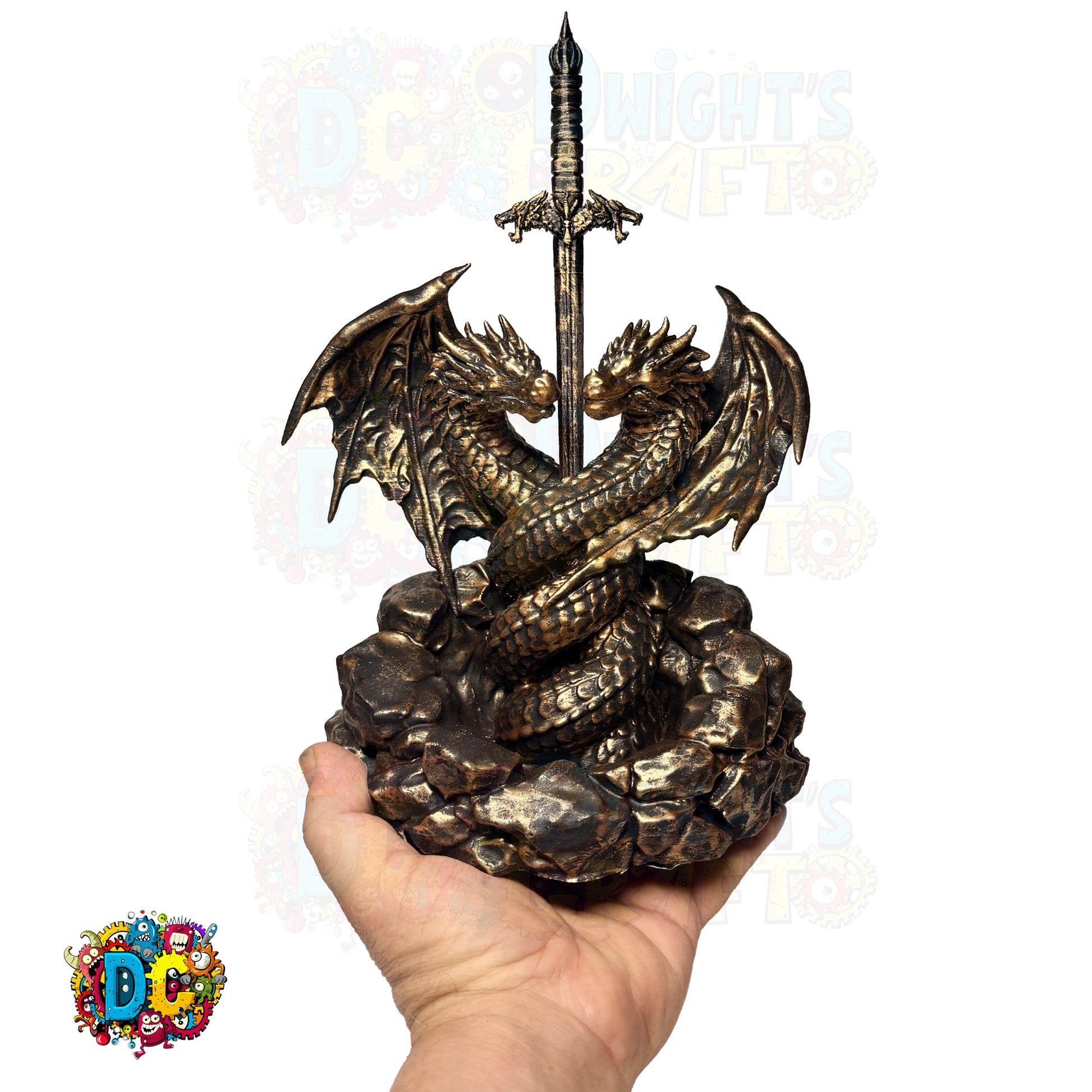 Bronze dragon sculpture holding a sword on a white background