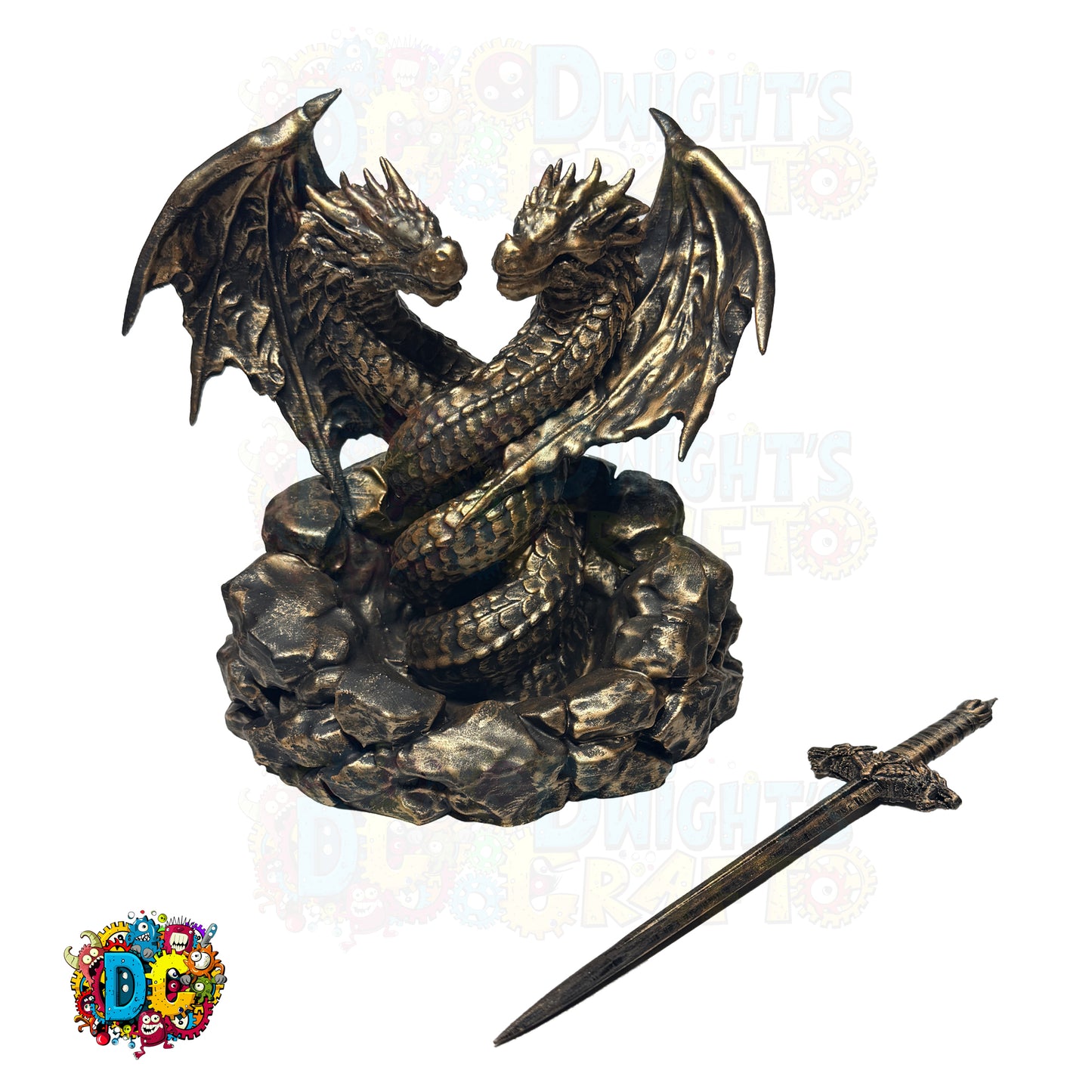 Faux Bronze dragon sculpture on a rock with a sword on a white background