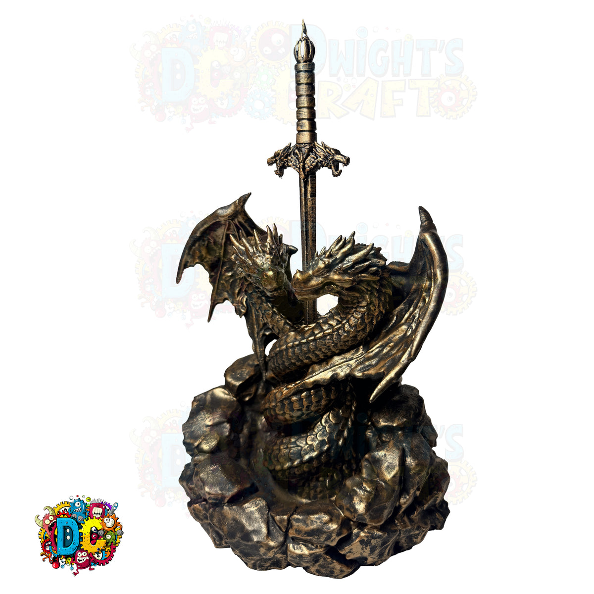 Bronze dragon sculpture with a sword on a white background