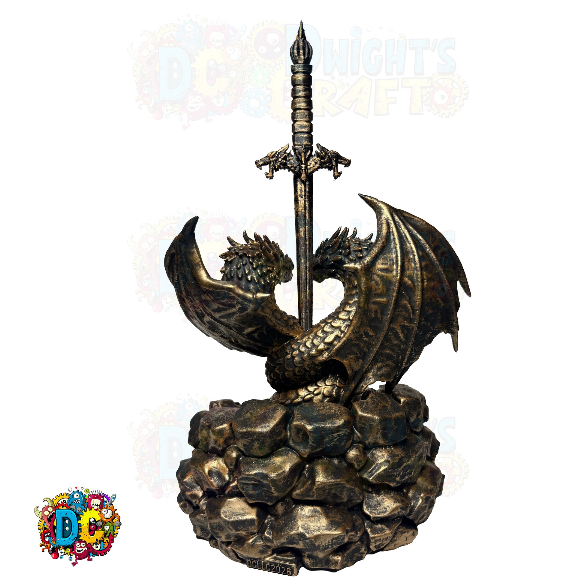Bronze dragon sculpture with a sword on rocky base