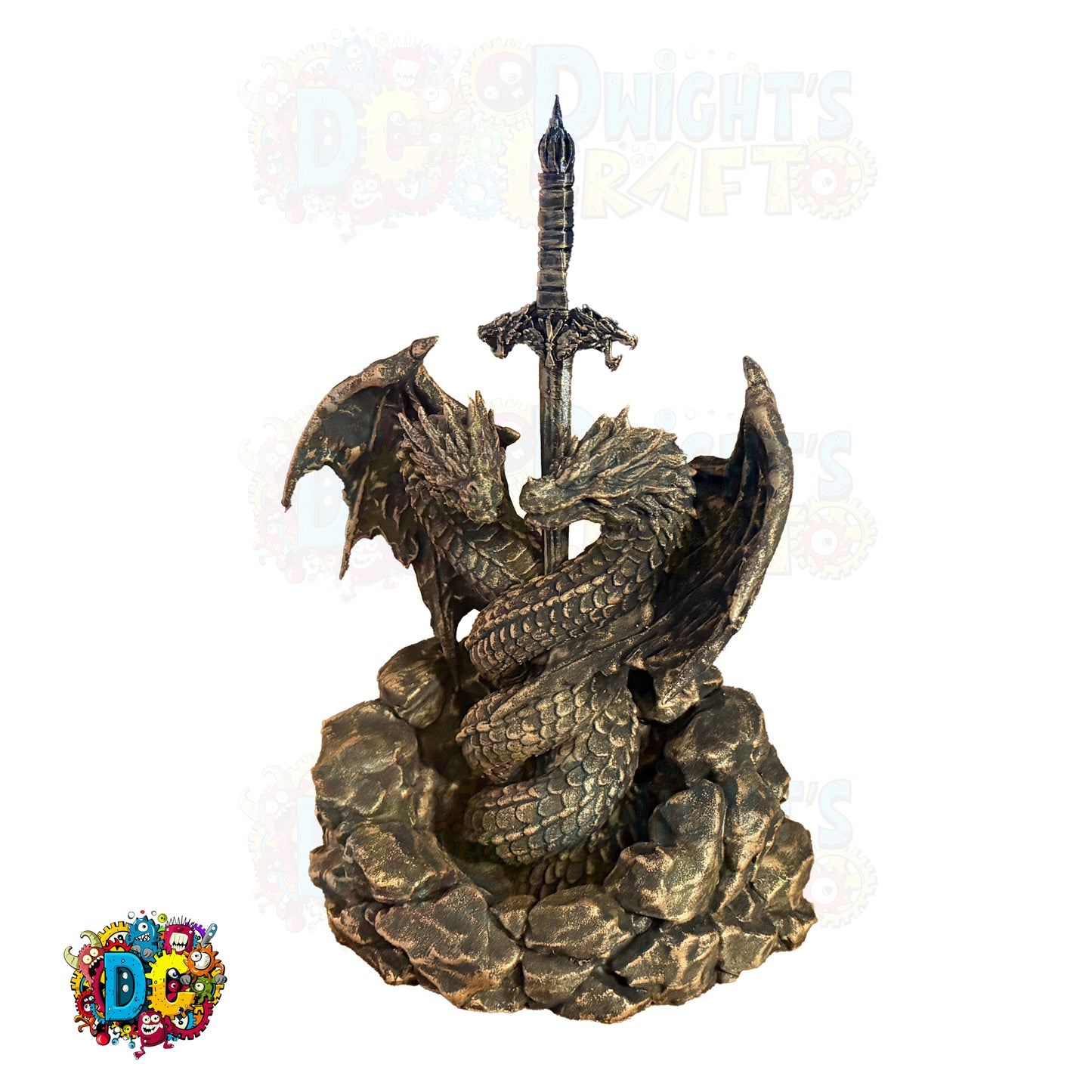 Bronze dragon sculpture with a sword on a white background