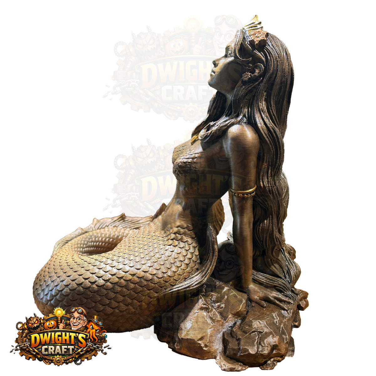 A faux bronze-finished mermaid statue seated on a rock base, shown against a plain white background.