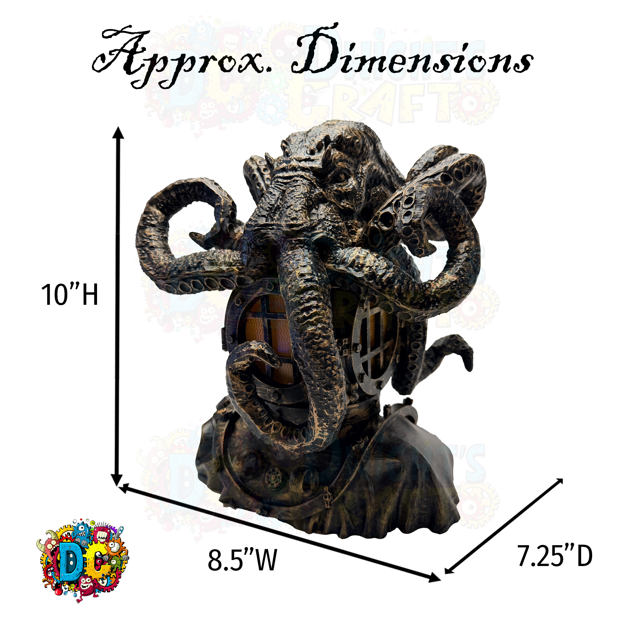 Decorative statue with dimensions labeled on a white background
