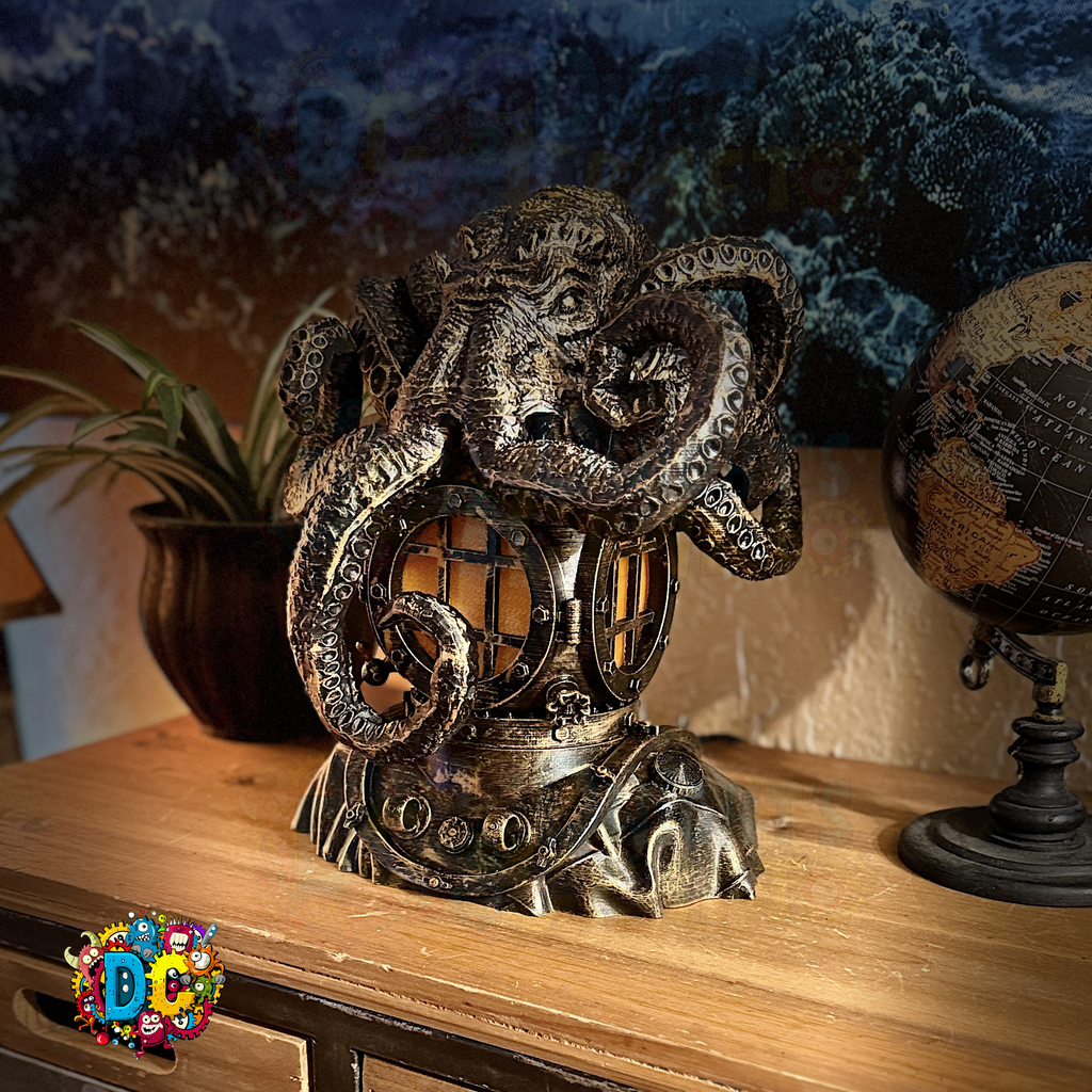 Decorative octopus lamp on a wooden surface with a blurred background