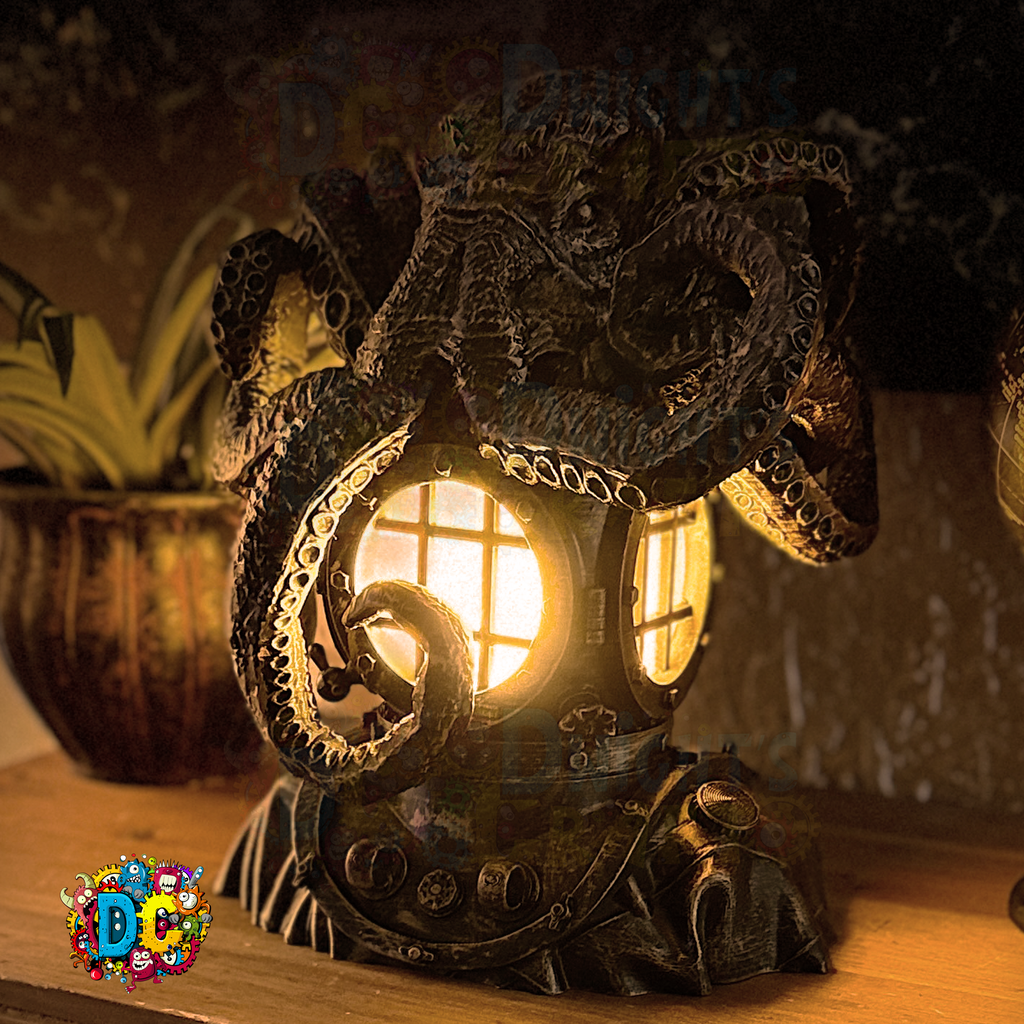 Decorative lamp with octopus design on a wooden surface