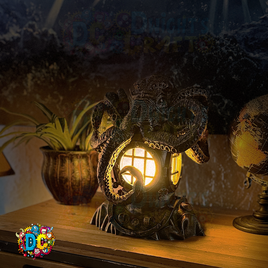 Decorative lantern with a warm glow on a wooden surface, surrounded by plants and a globe.