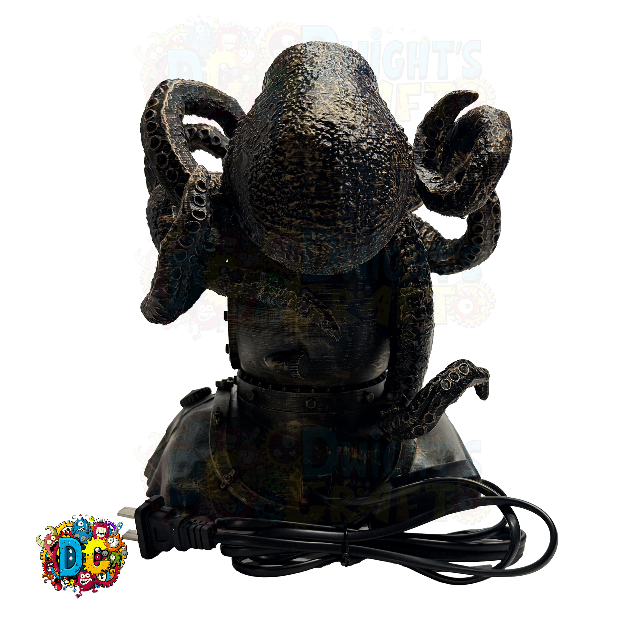 Black octopus-shaped lamp with a power cord on a white background