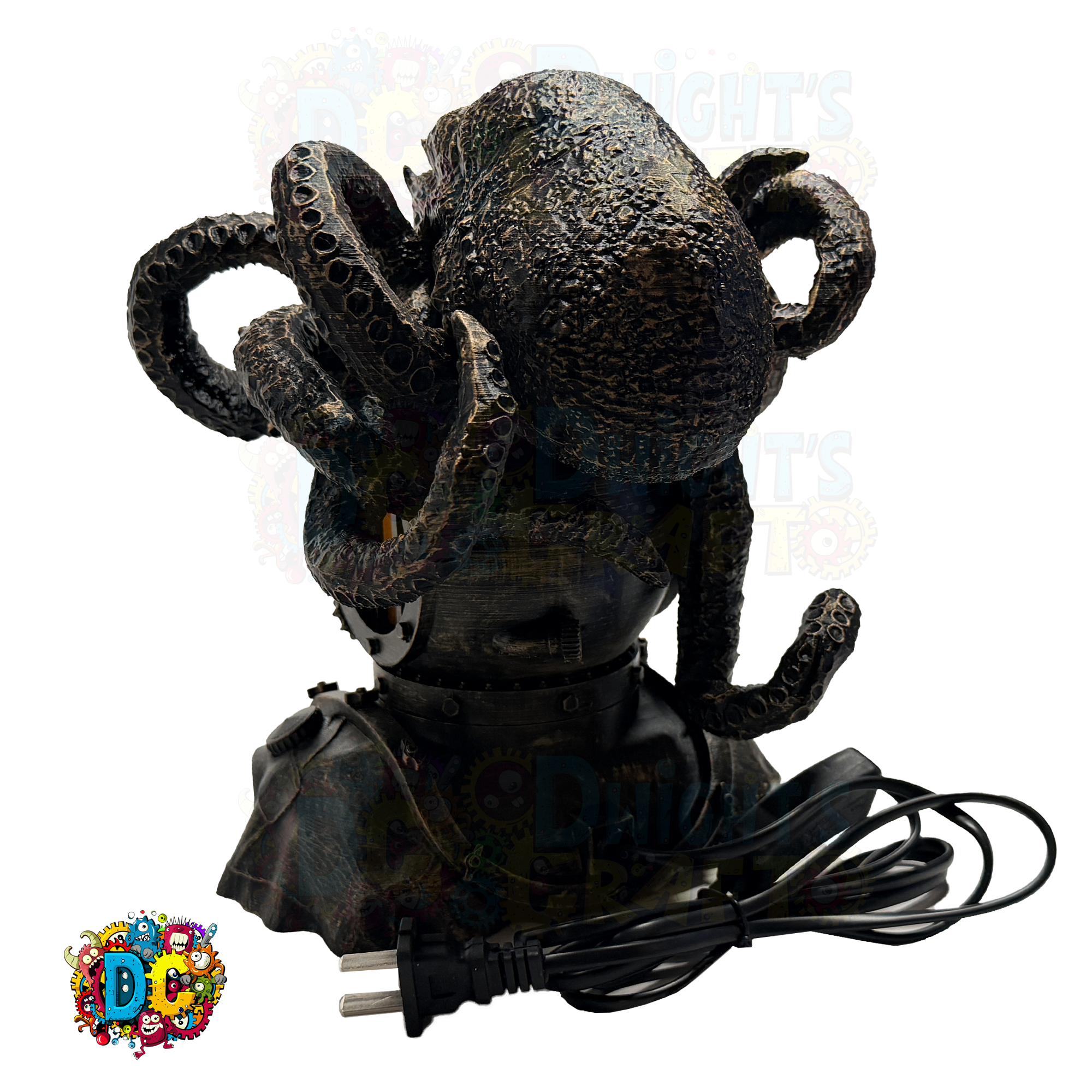 Black octopus-shaped lamp with a power cord on a white background