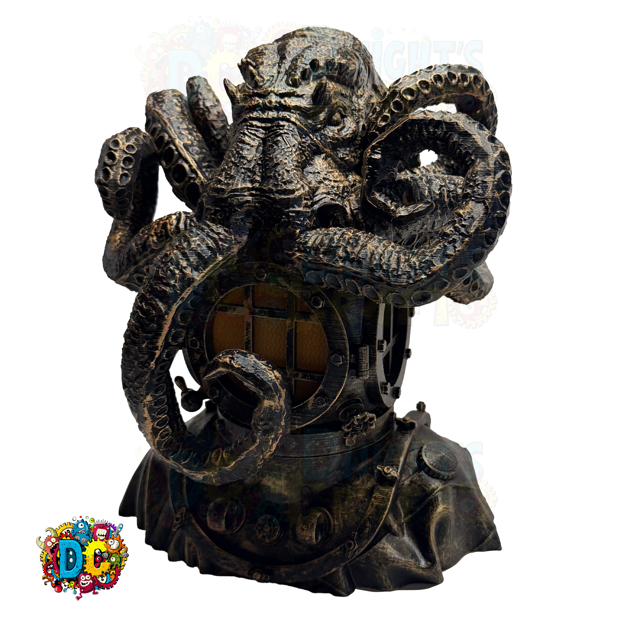 Decorative steampunk-style sculpture with gears and mechanical elements on a white background