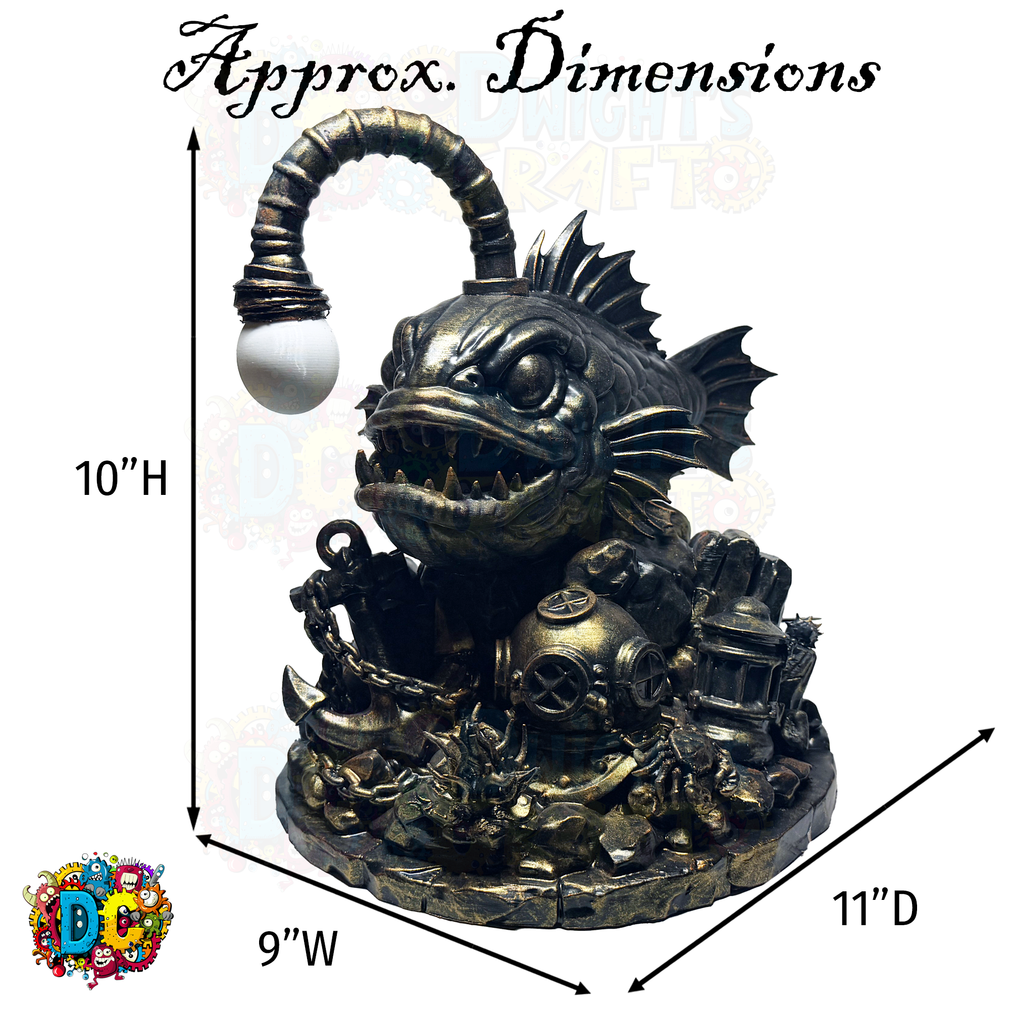 Decorative ambient lighting fish sculpture with dimensions indicated on a white background