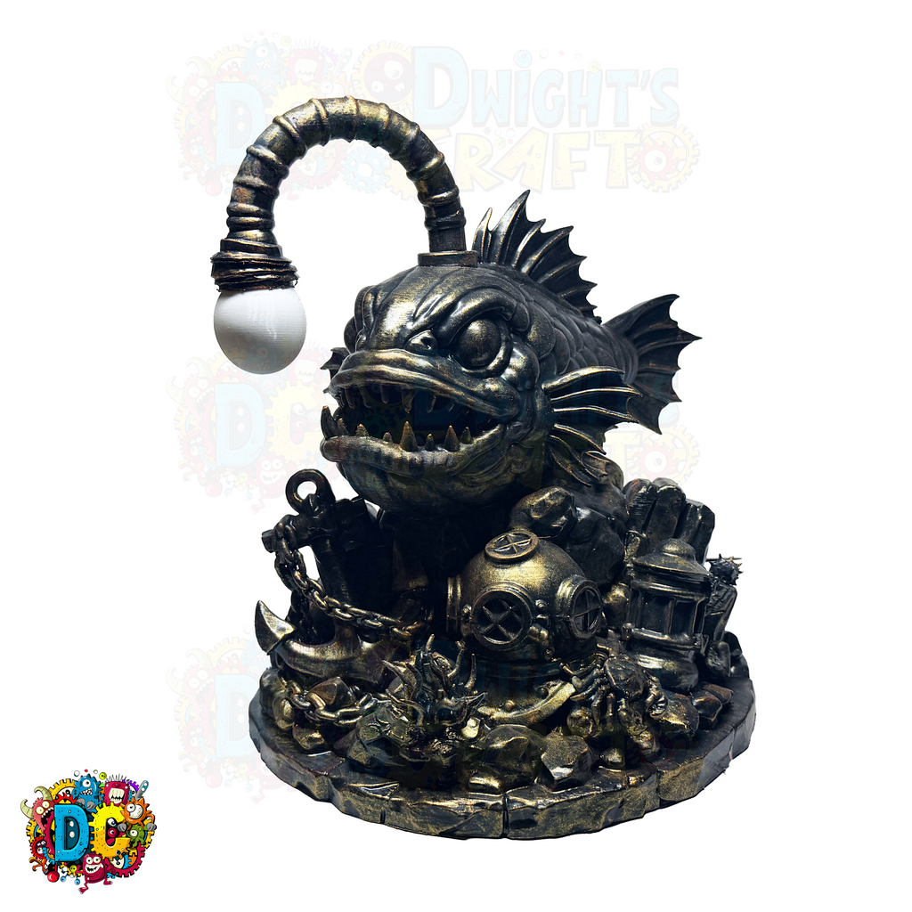 Decorative figurine of an angler fish with ambient lighting on its lure 