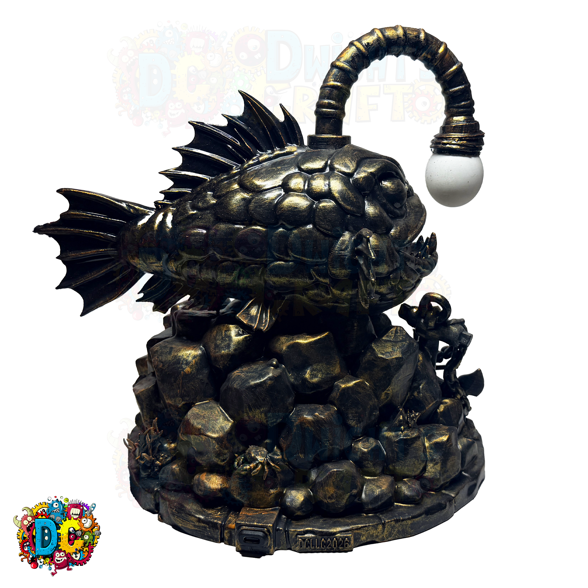Decorative figurine of an angler fish with ambient lighting on its lure 