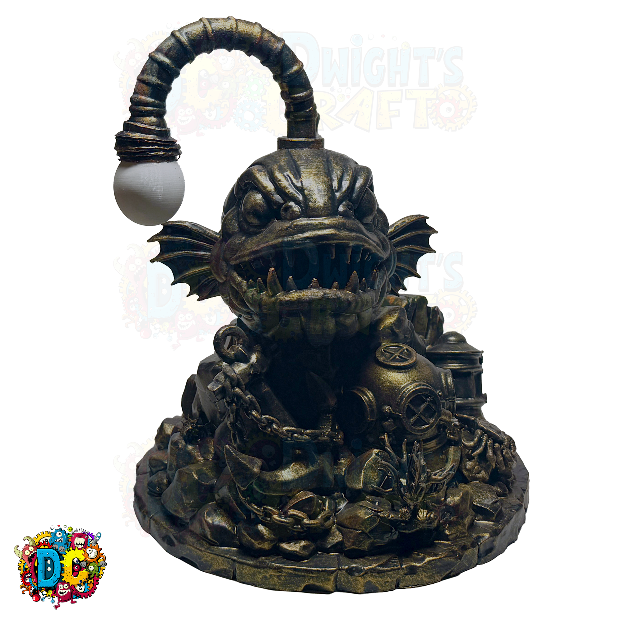 Decorative figurine of an angler fish with ambient lighting on its lure 