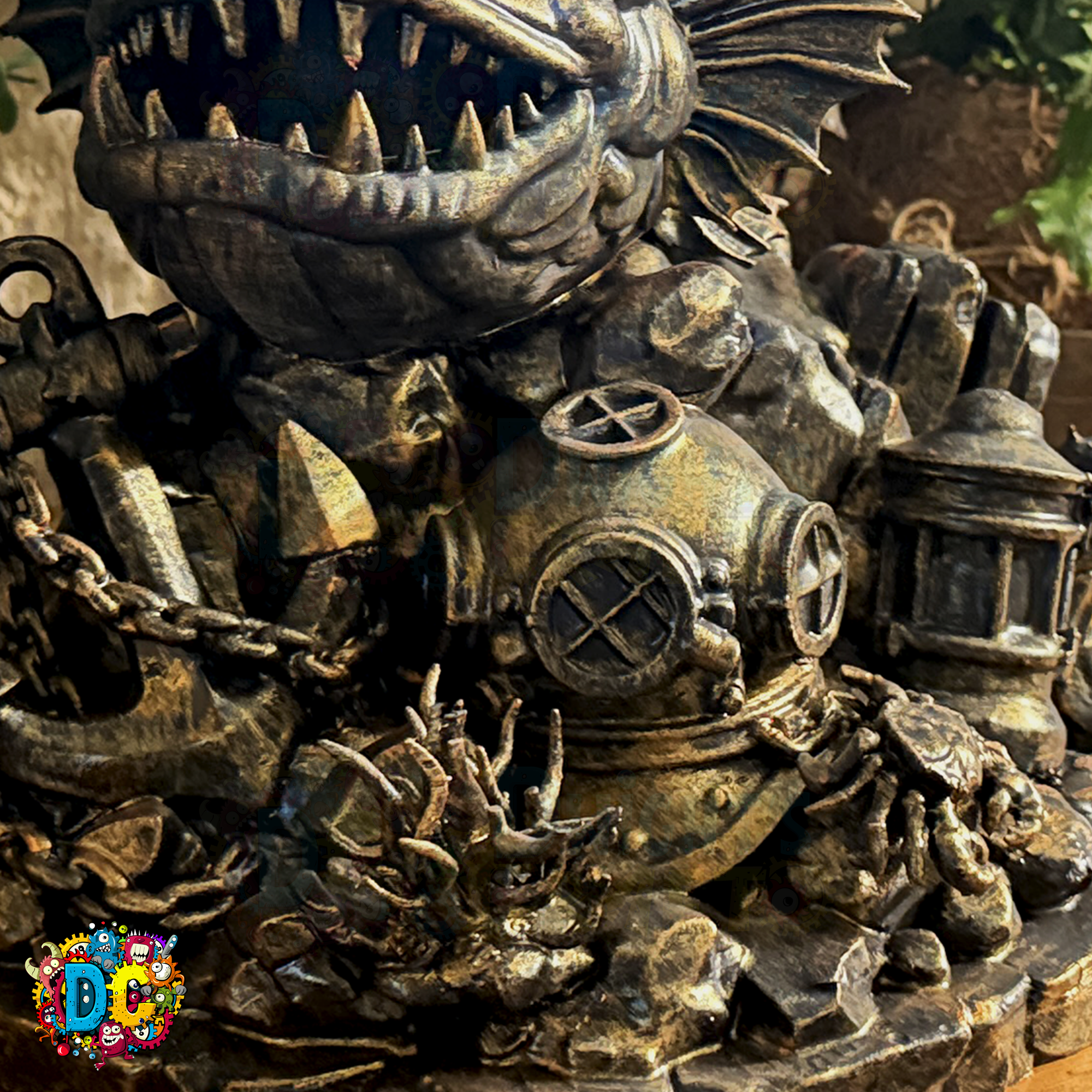 Close-up of a detailed faux bronze sculpture with a diving helmet and chain