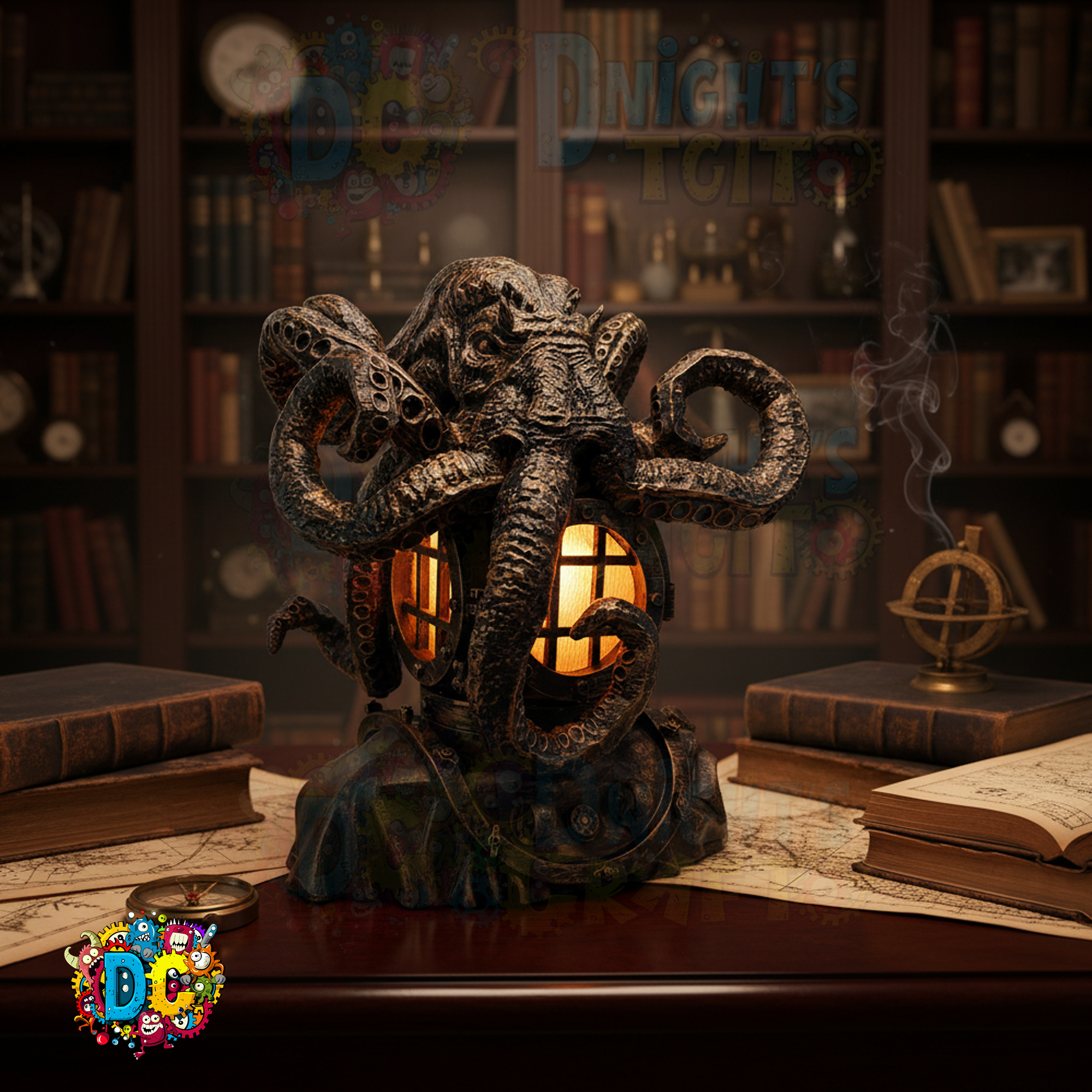 A bronze-colored Cthulhu-themed lamp with intricate details. The lamp features a tentacled creature design with a glowing light source inside. The lamp is set on a wooden surface, evoking a vintage aesthetic.