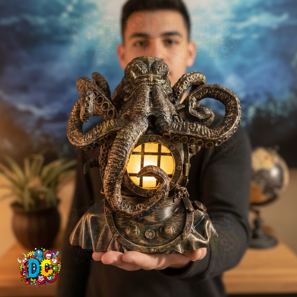 Male holding bronze-colored Cthulhu-themed lamp with intricate details. The lamp features a tentacled creature design with a glowing light source inside. The lamp is set on a wooden surface, evoking a vintage aesthetic.