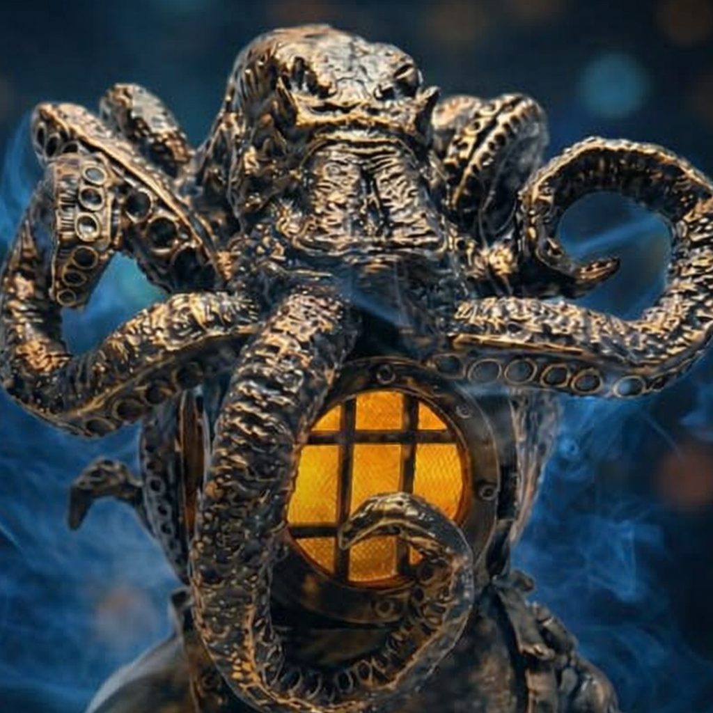 Decorative octopus lamp with a glowing yellow light on a dark background