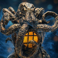 Decorative octopus lamp with a glowing yellow light on a dark background